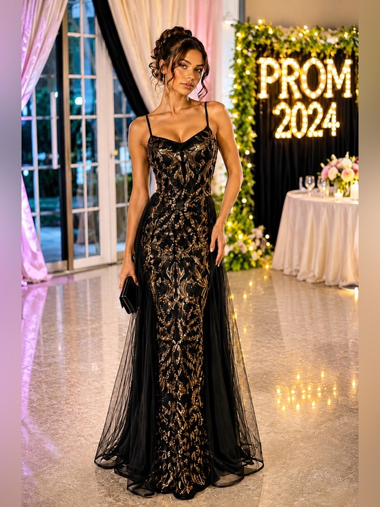 Fashion Nova Dresses & Skirts - Penelope Tulle Black Gold Sequin Gown Small